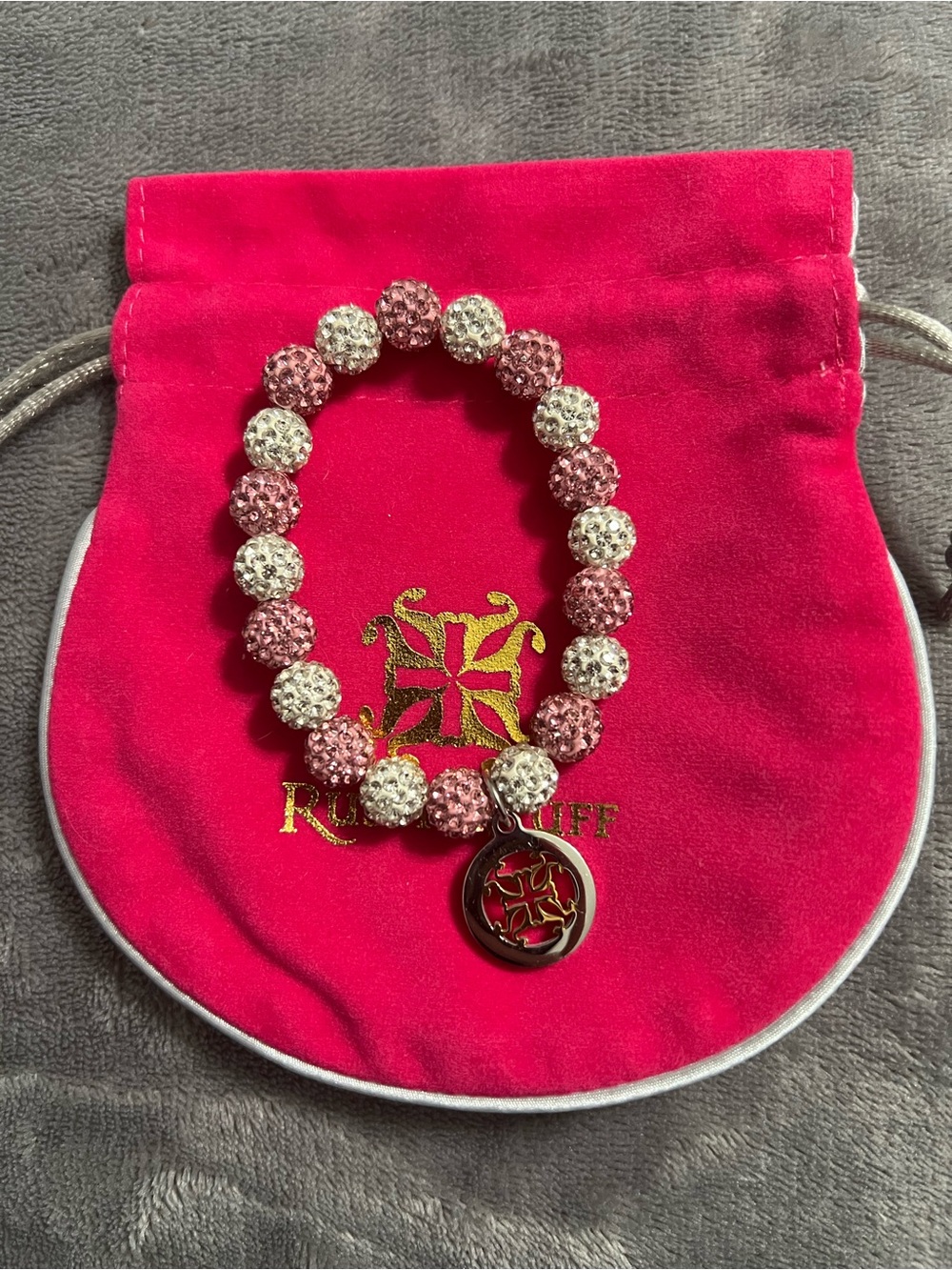 Rustic Cuff Pink & White Crystal Bead Bracelet with Logo Charm